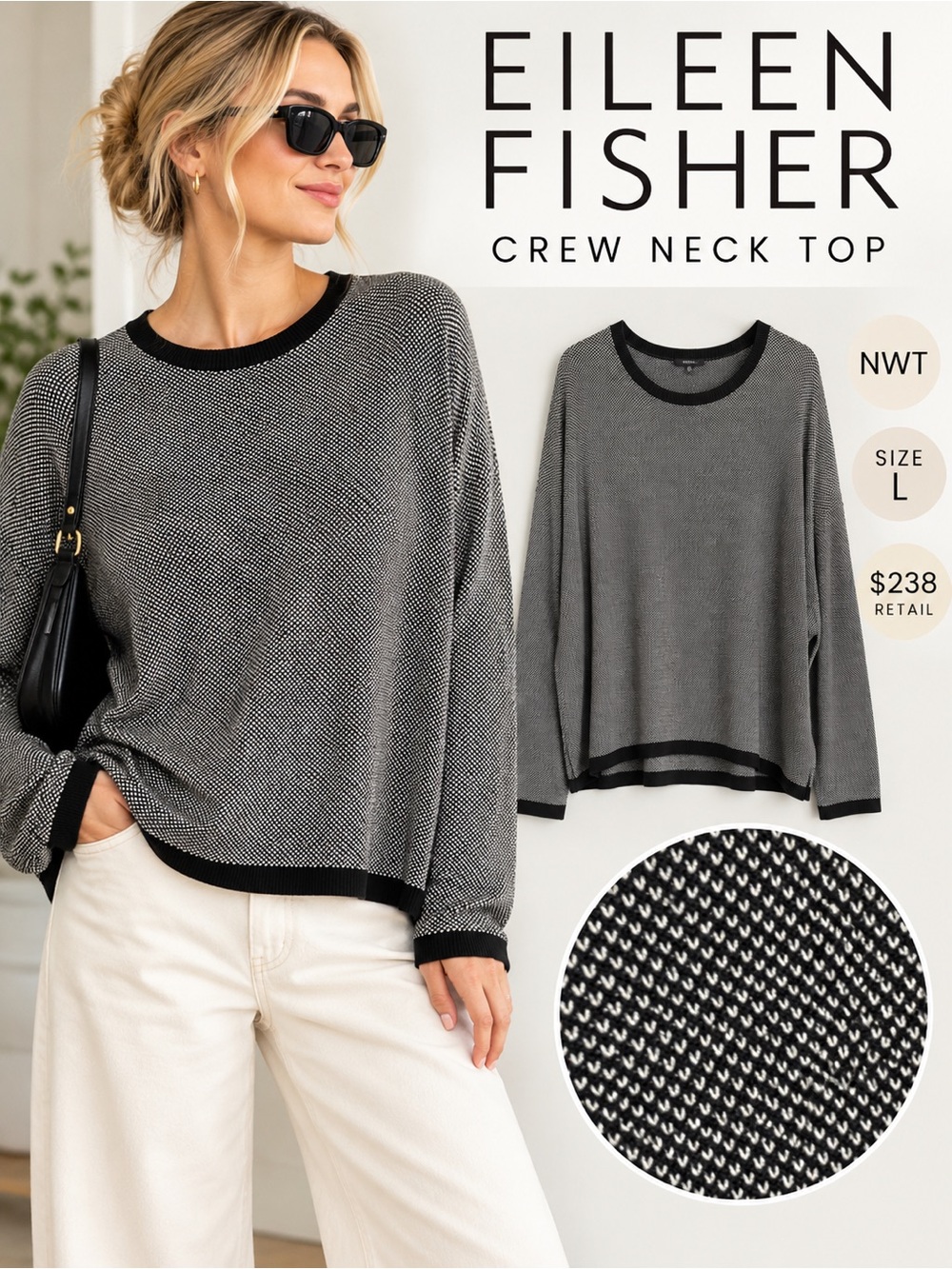 Eileen Fisher Black White Textured Crew Neck Top Size L NWT $238